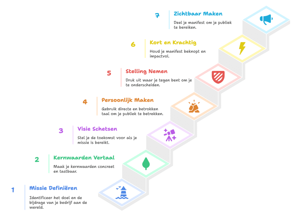Visualisatie van het proces om een manifest te maken, zonder poespas. De afbeelding toont stap-voor-stap hoe je vanuit een eerlijke positionering toewerkt naar een krachtig, persoonlijk en zichtbaar manifest. Elementen zoals missie, kernwaarden, visie, stellingname en eindstatement worden schematisch weergegeven, ondersteund door voorbeelden en tips. De nadruk ligt op eenvoud, echtheid en het betrekken van anderen voor scherpe reflectie